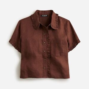 J. Crew Ruffle-trim Button-Up Shirt in Linen Roasted Cocoa XSmall